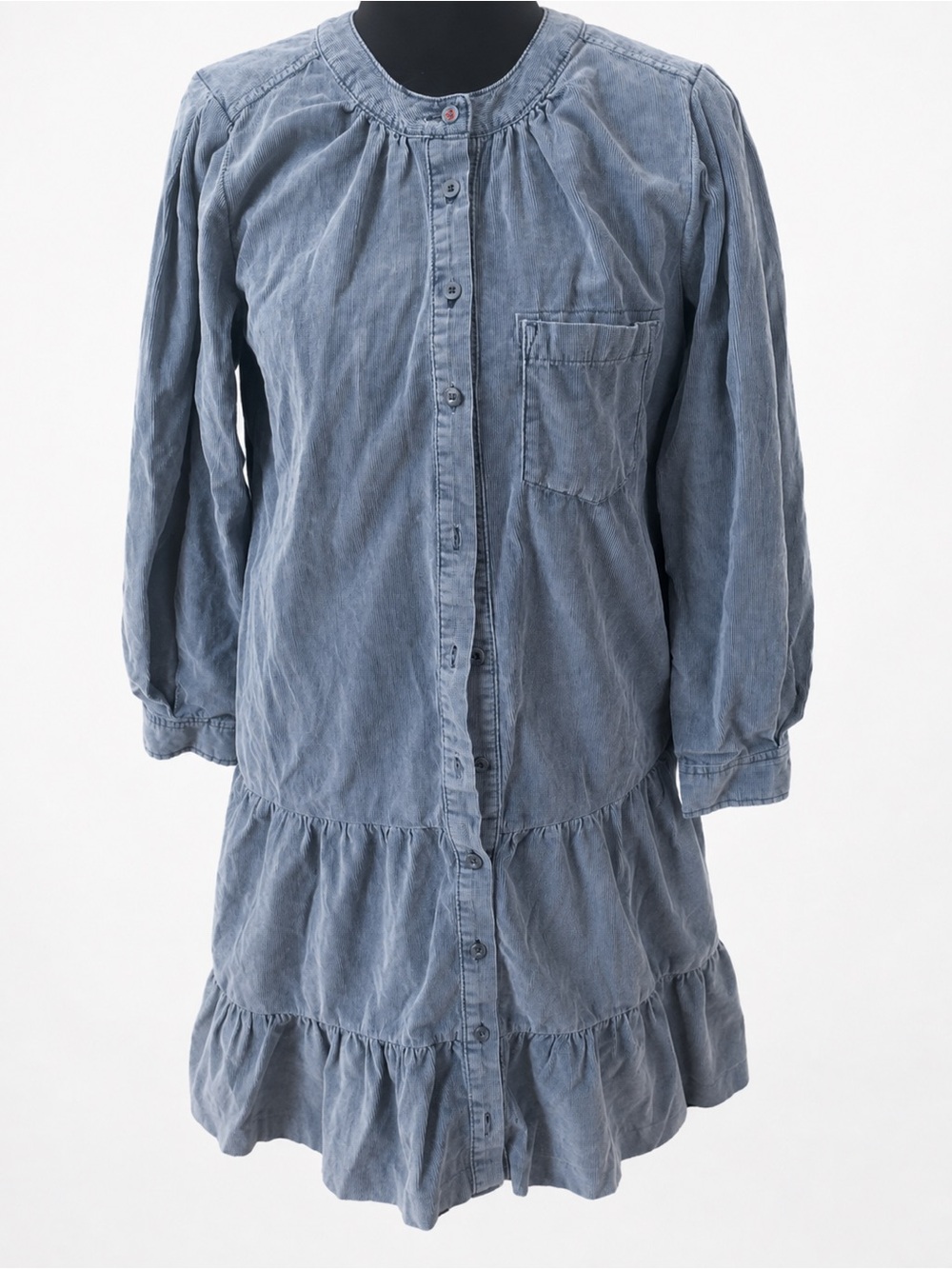 Pilcro Anthropologie XS Petite Blue Corduroy Ruffle Shirt Dress